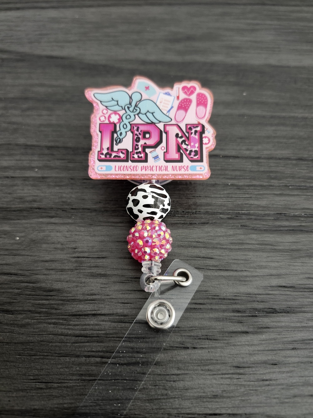 Pink LPN Licensed Practical Nurse Badge Reel with Sparkle Beads